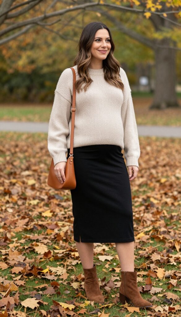 9. Chunky Sweater with a Midi Skirt and Booties