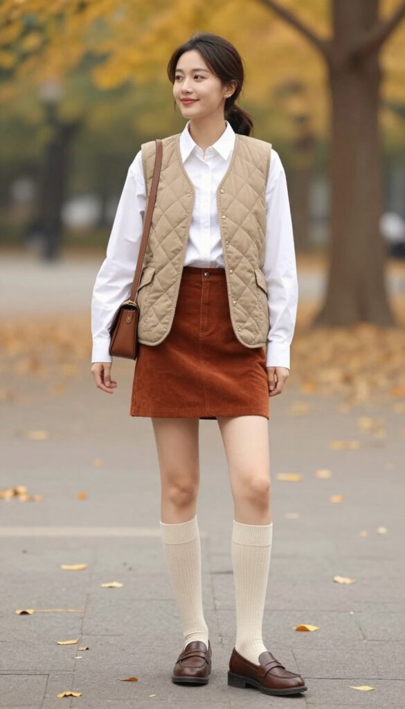 8. Corduroy Skirt with Button-Down Shirt and Vest