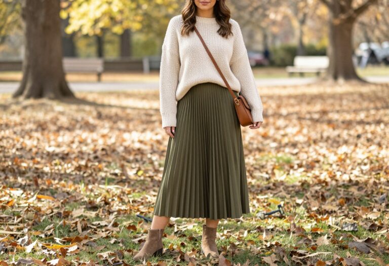 Woman in cream sweater and olive green maxi skirt standing in autumn park