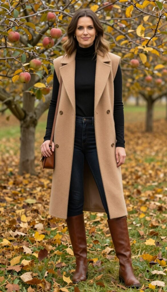 8. Long Vest + Turtleneck + Skinny Jeans + Riding Boots