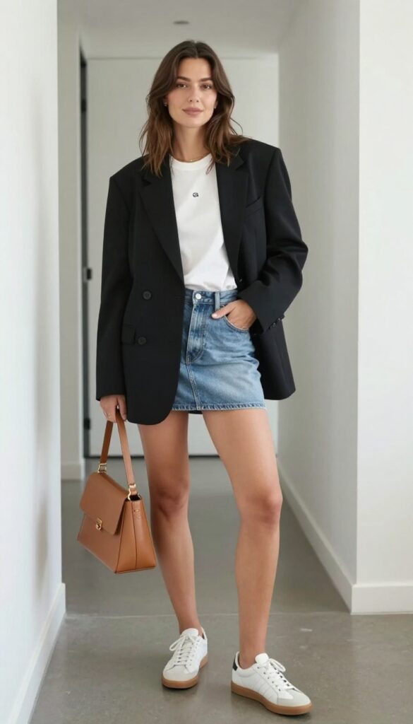 8. Blazer + Graphic Tee + Denim Skirt + Sneakers