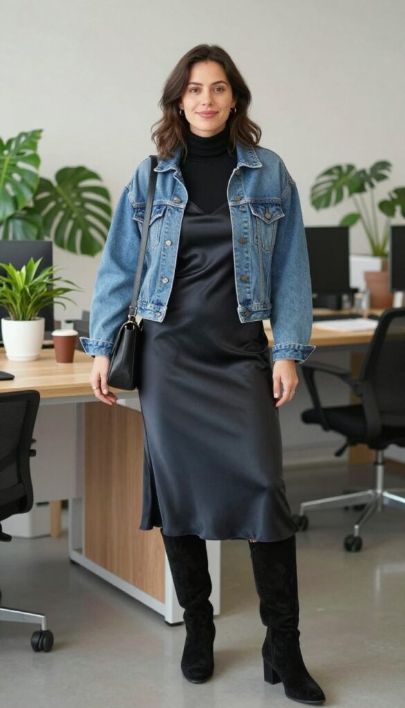7. Denim Jacket with a Slip Dress and Turtleneck