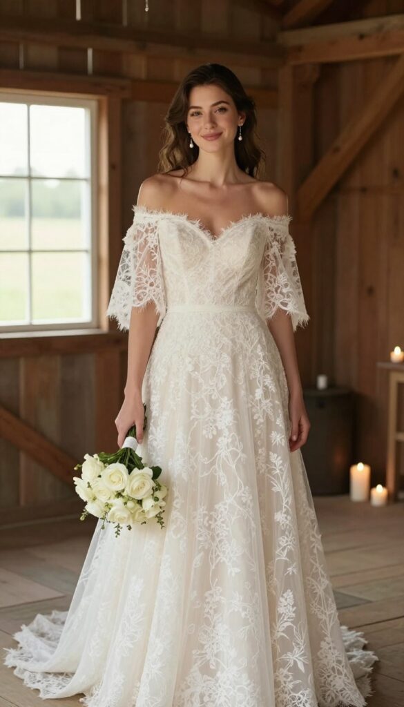 1. French Lace A-Line with Off-Shoulder Neckline