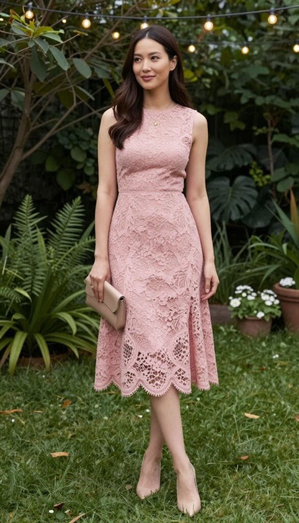 Woman in pink lace dress with nude heels and clutch in garden