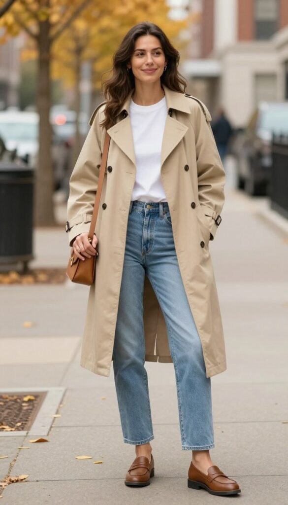 5. Trench Coat + T-Shirt + Jeans + Loafers