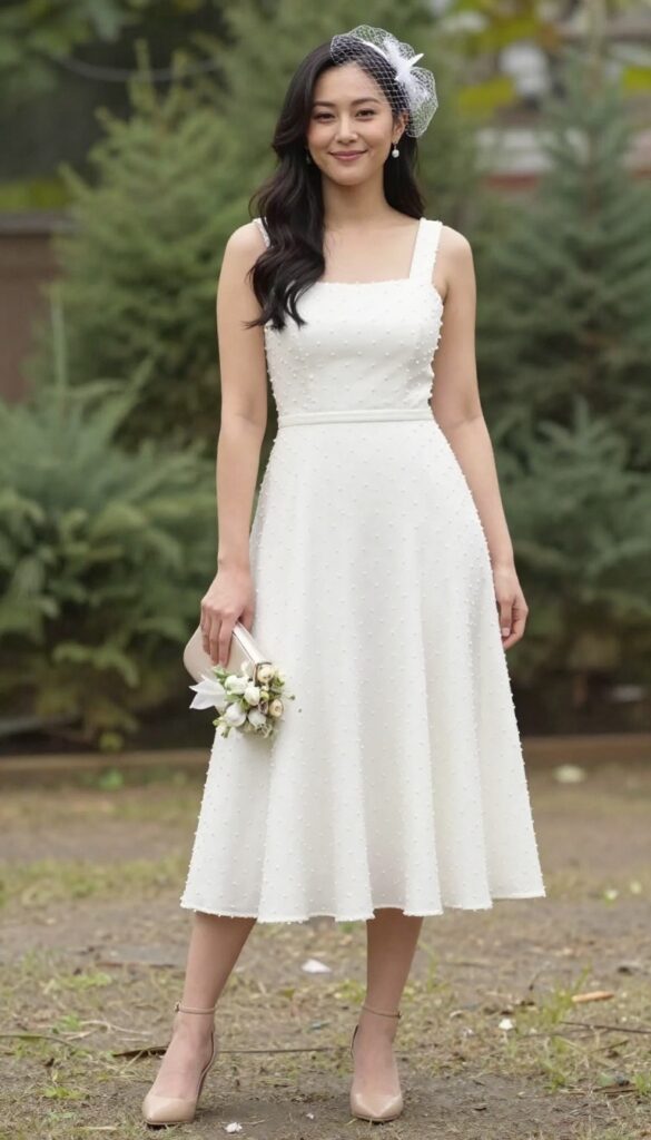 Woman in white tea-length dotted Swiss dress and nude kitten heels standing in a garden with blooming flowers, holding a small bouquet.