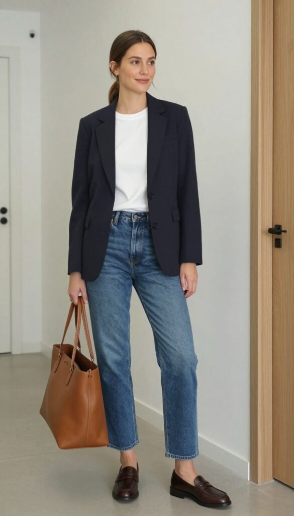 1. Navy Blazer + White Tee + Straight-Leg Jeans
