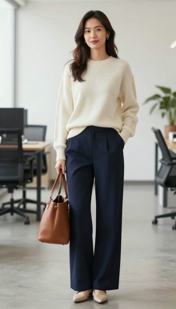 2. Cashmere Sweater + Wide-Leg Trousers