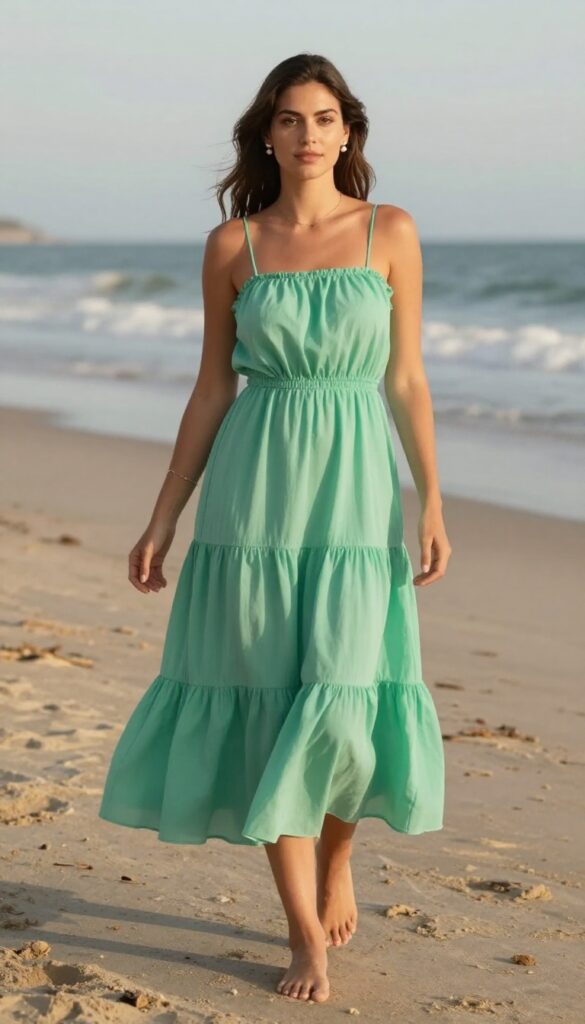 Young woman in off-shoulder seafoam green tiered ruffle dress on beach, pearl earrings, barefoot, golden hour