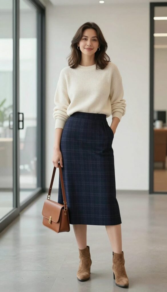 2. Knit Sweater + Midi Skirt + Ankle Boots