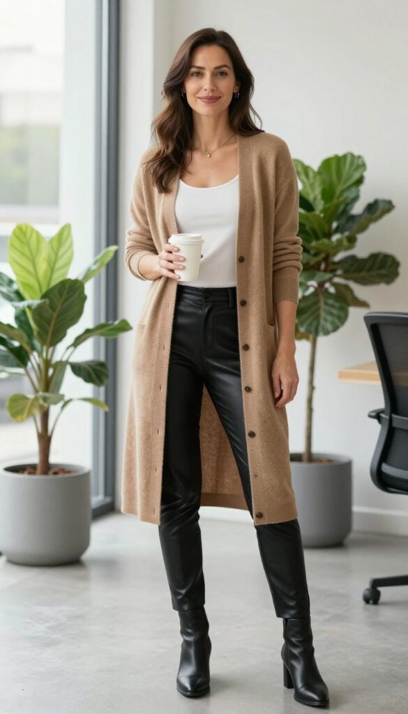 8. Cashmere Cardigan with Leather Pants