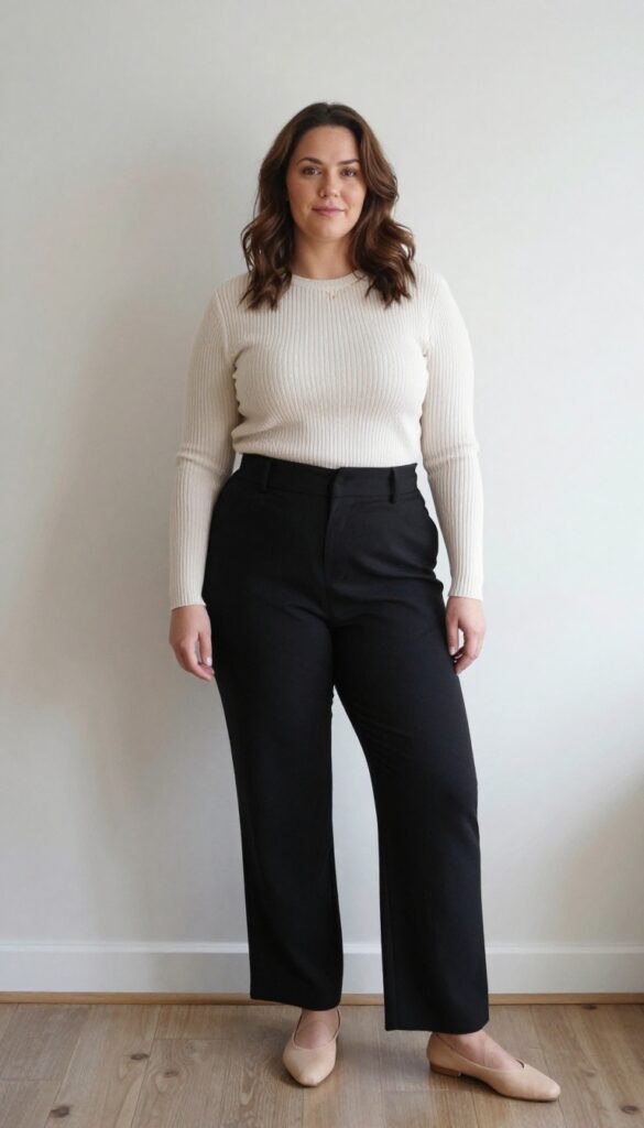 4. Ribbed Knit Top + High-Waisted Trousers + Ballet Flats