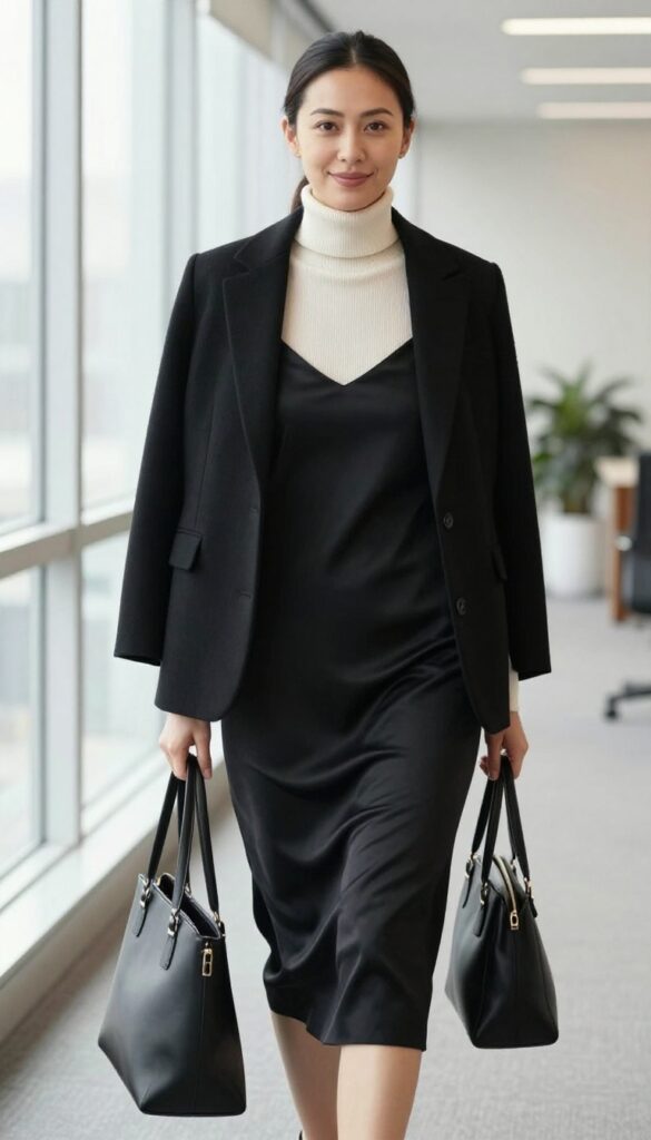 11. Black Slip Dress + Turtleneck + Blazer