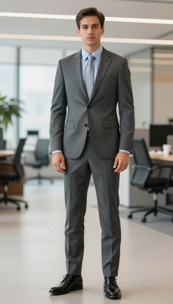 2. Charcoal Gray Suit with a Light Blue Shirt and Silver Tie