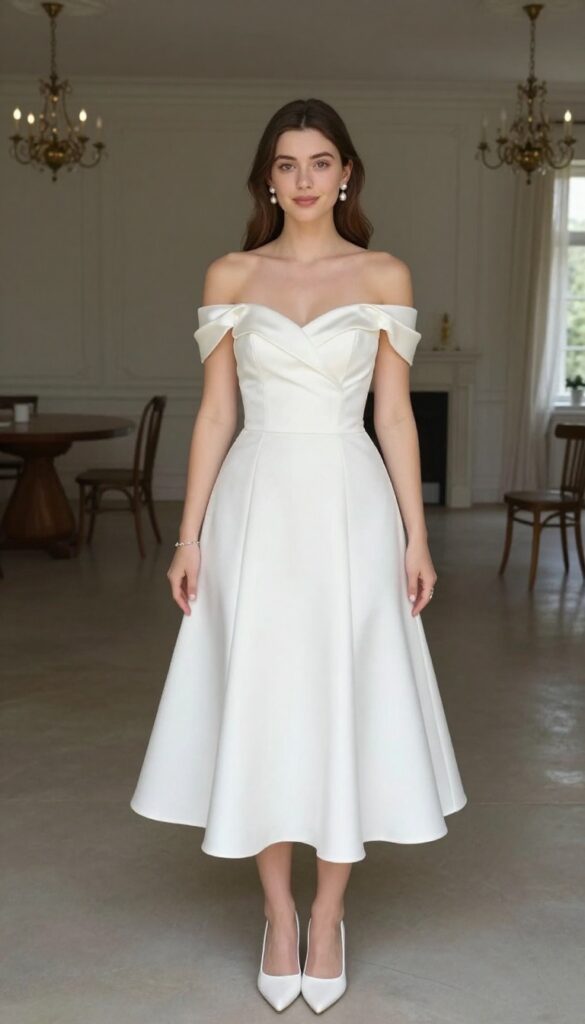 Woman in off-the-shoulder satin mermaid wedding dress with sleeves, pearl earrings, low bun, standing in ballroom