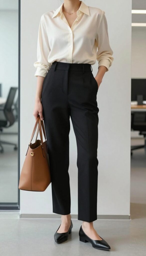 1. Tailored Black Trousers + Silk Blouse + Pointed Flats
