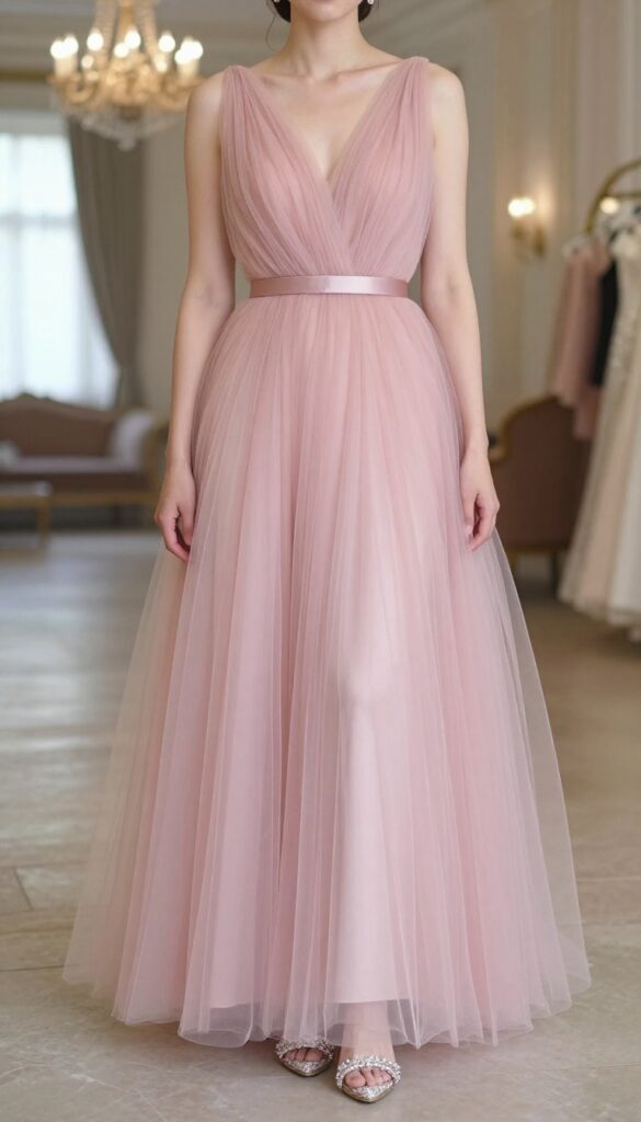 Woman in pink rose gold tulle wedding dress with blush tulle overskirt and sparkly heels in ballroom