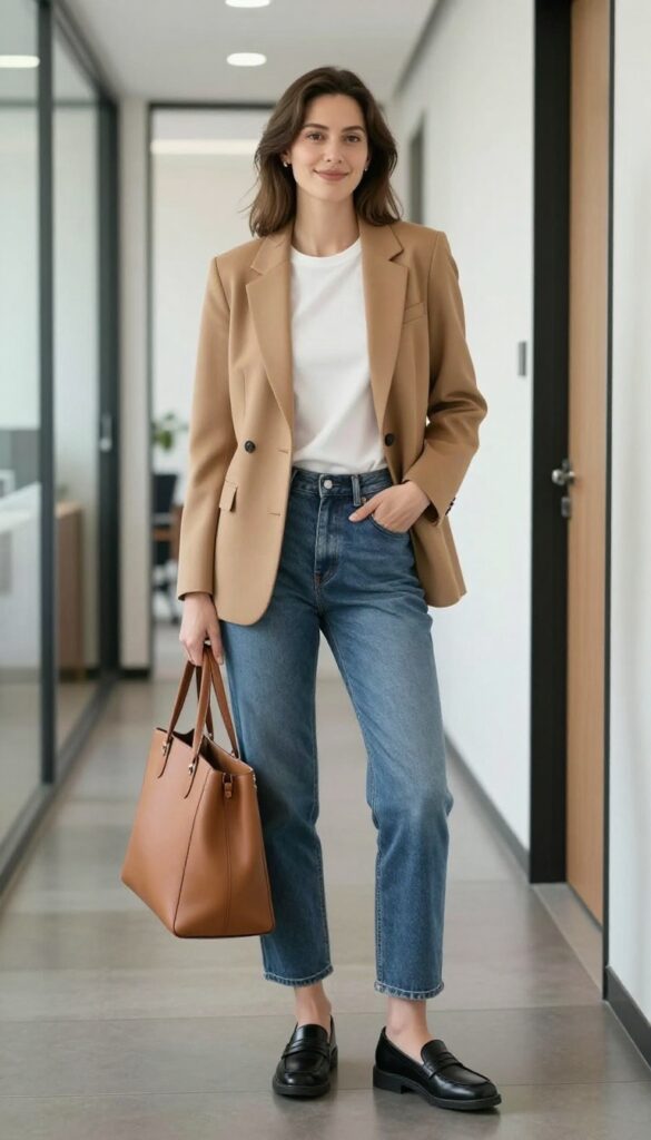 1. Blazer + Straight-Leg Jeans + Loafers