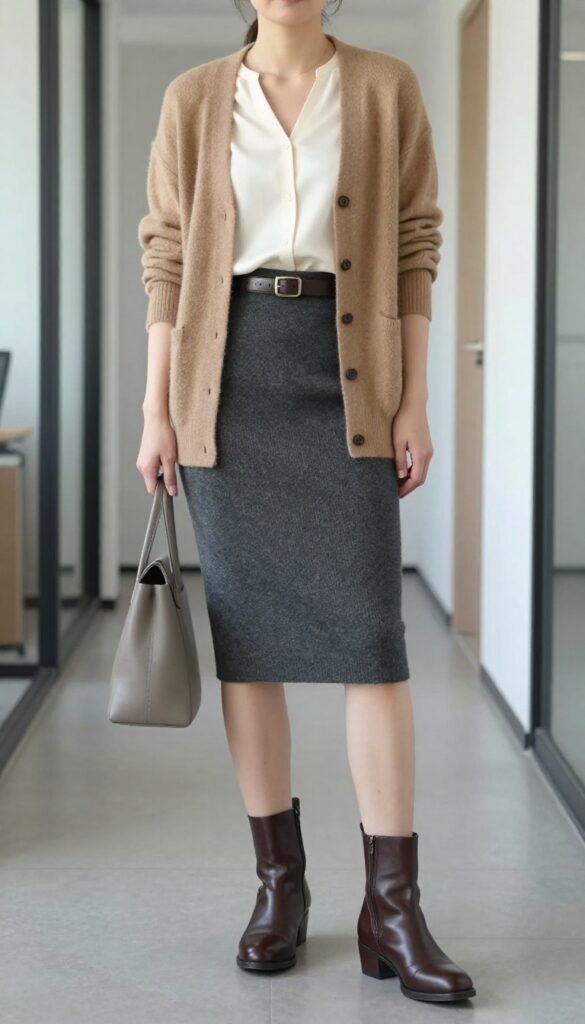 7. Pull-On Work Boots with a Pencil Skirt