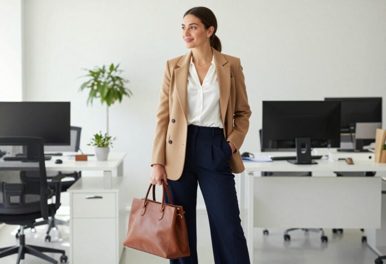 Woman in camel blazer and navy trousers standing in modern office
