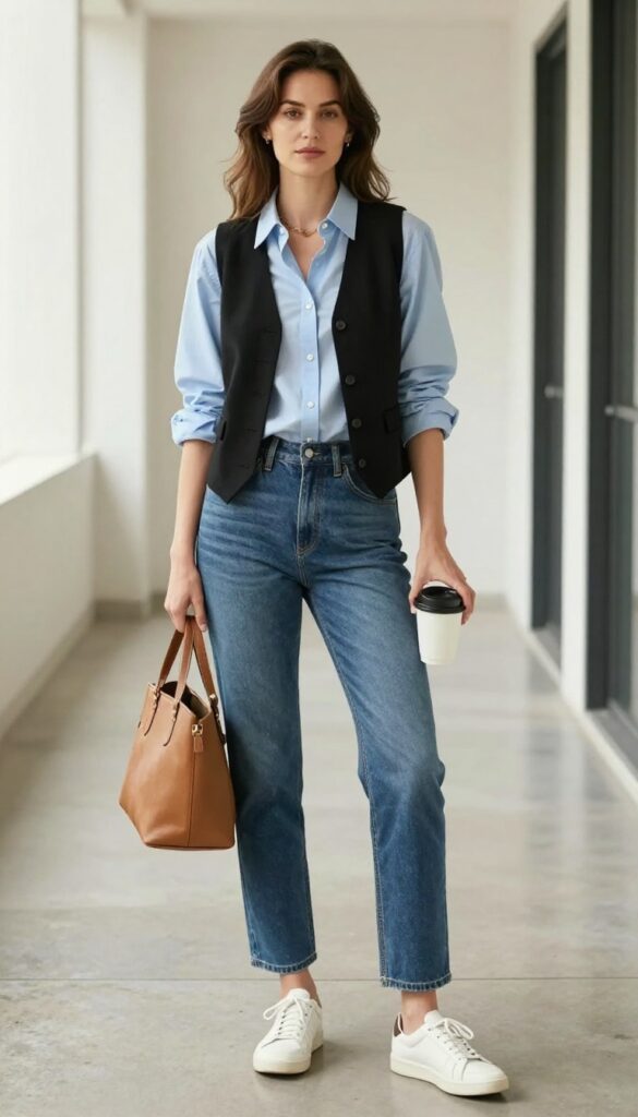 5. Black Vest + Chambray Shirt + Straight-Leg Jeans