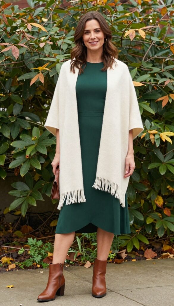 Woman in forest green maxi dress with cream fringed shawl and brown ankle boots in autumn garden