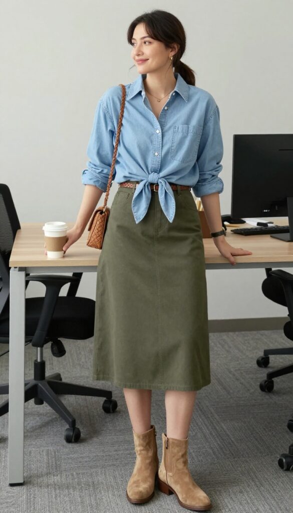 7. Chambray Shirt + Olive Green Skirt + Ankle Boots
