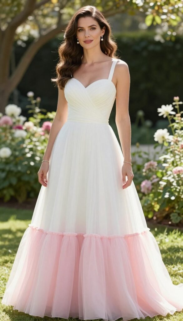 Bride in sweetheart white wedding dress with pink tulle overskirt in garden