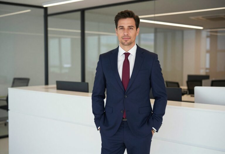 Man in navy suit with burgundy tie standing in modern office lobby