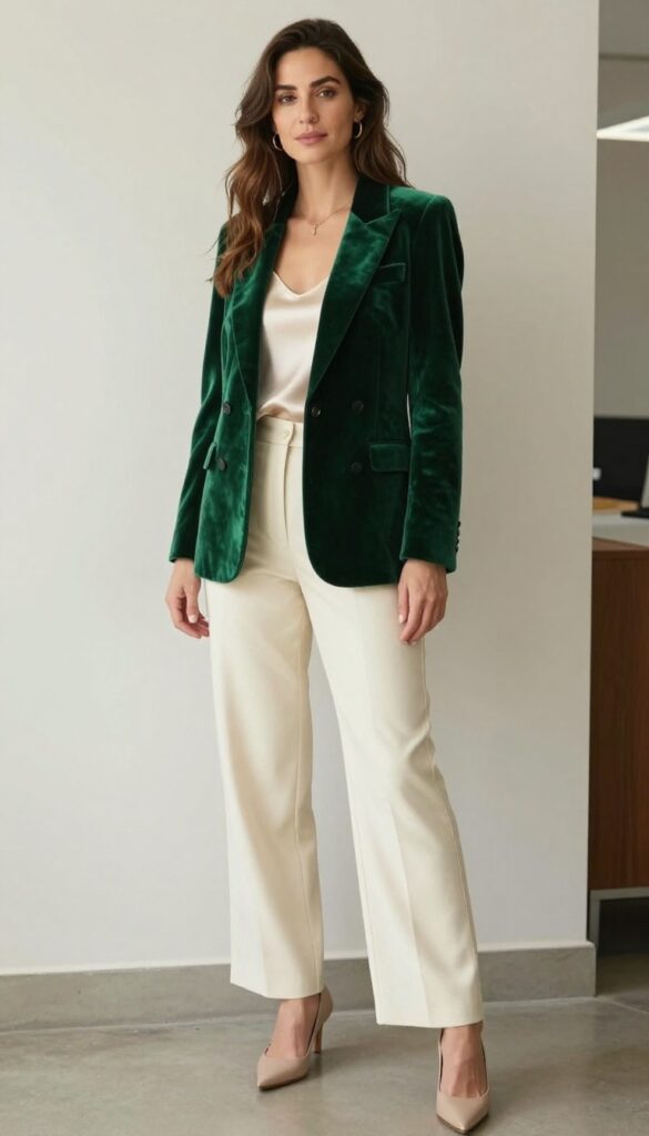 1. Velvet Blazer with Wide-Leg Trousers