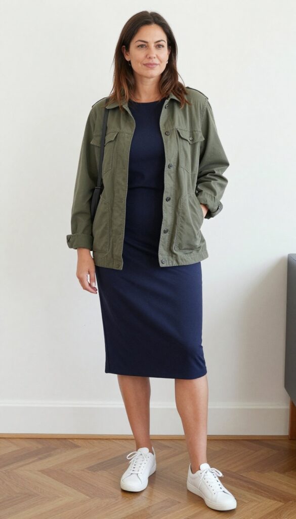 10. Utility Jacket with a Midi Dress