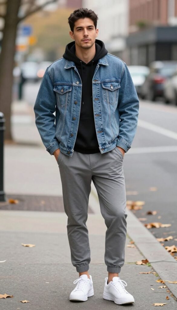 5. Layered Hoodie and Denim Trucker Jacket