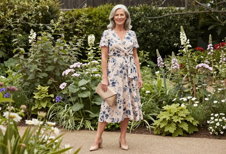 Older woman in floral wrap dress and nude heels at a garden wedding