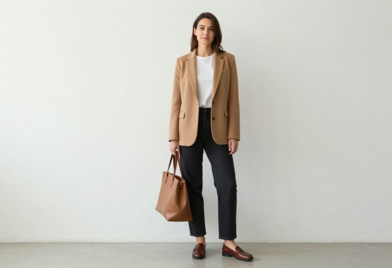 Woman in camel blazer, white tee, and straight-leg jeans standing in office hallway