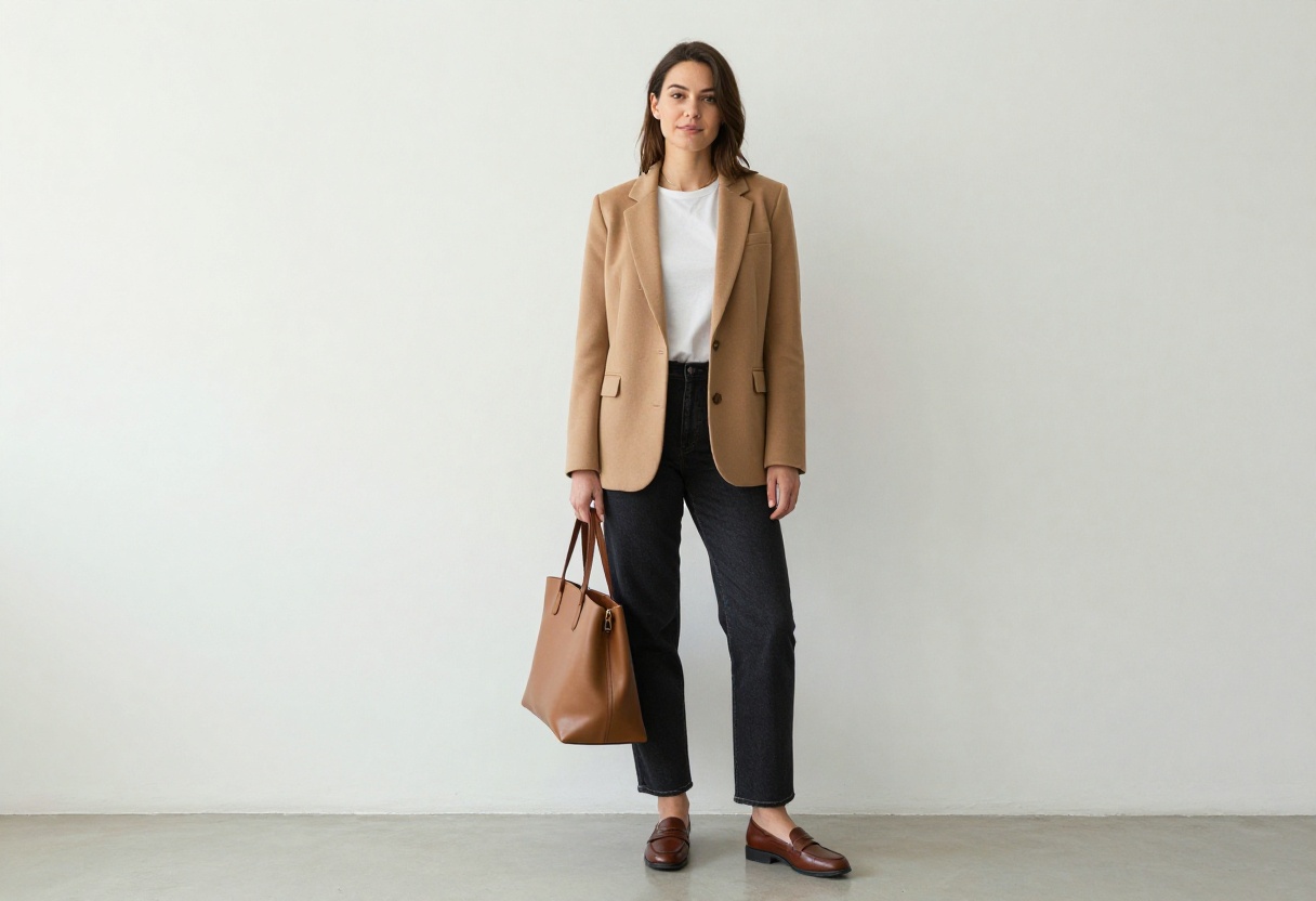 Woman in camel blazer, white tee, and straight-leg jeans standing in office hallway