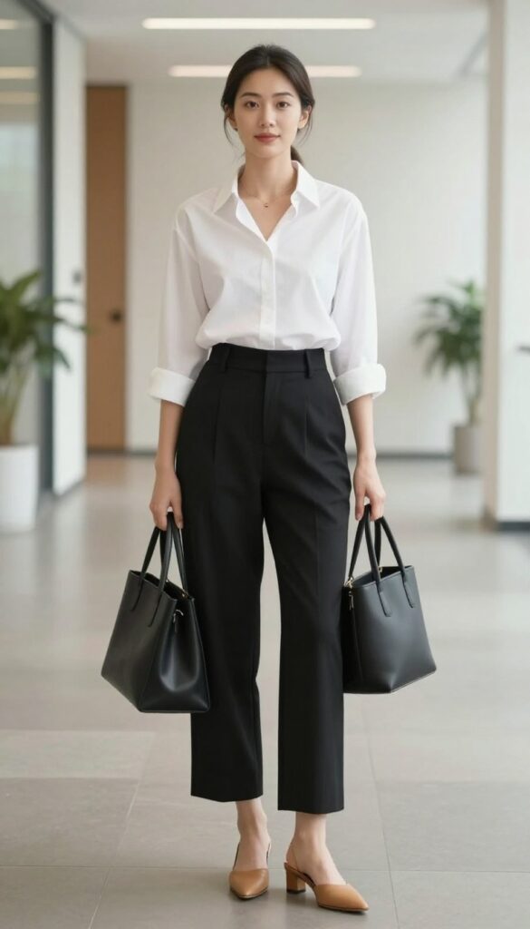 3. Button-Down Shirt + Wide-Leg Trousers + Mules