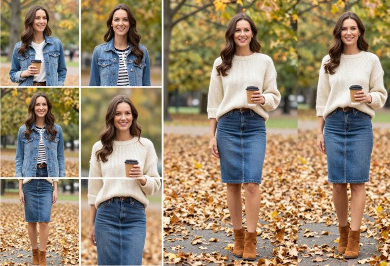Woman in jean skirt and chunky sweater with ankle boots in fall park