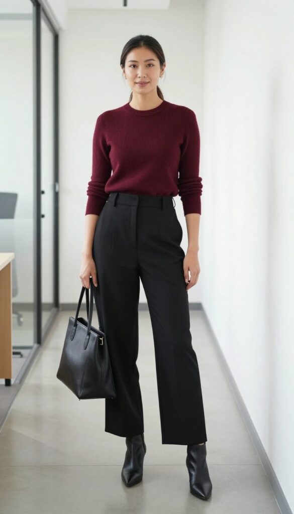 8. Black Culottes + Fitted Knit + Ankle Boots