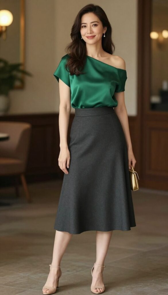 6. Off-Shoulder Top with A-Line Midi Skirt