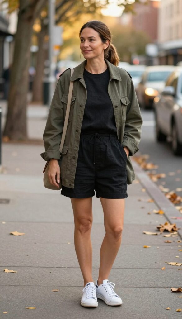 10. Utility Jacket + Jumpsuit + White Sneakers