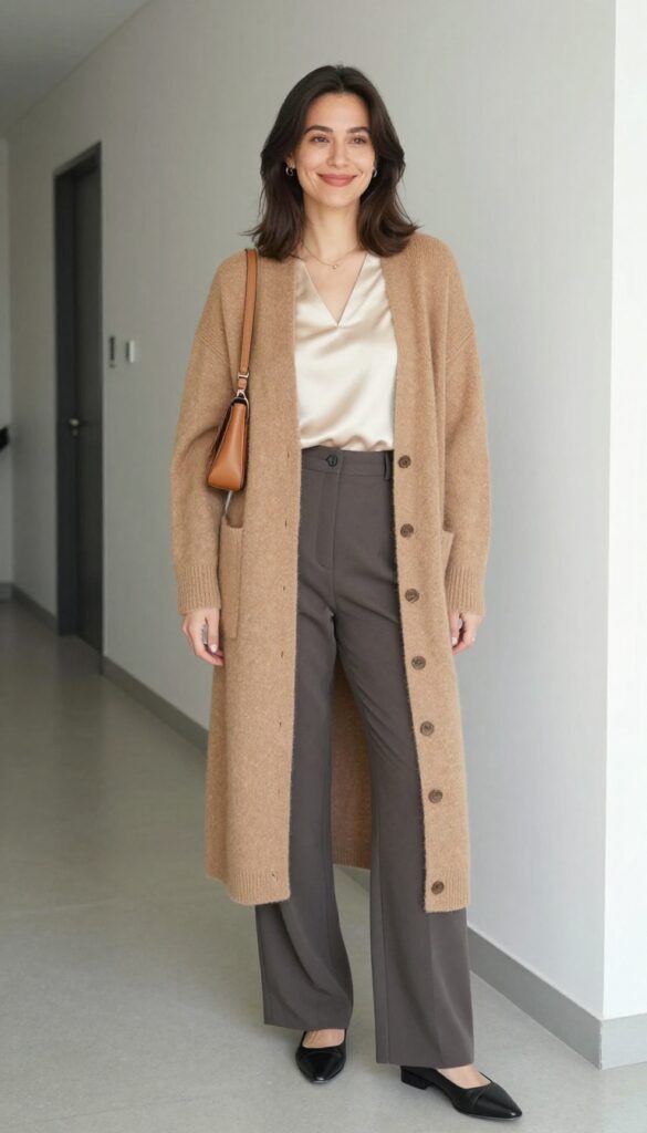 3. Cashmere Cardigan over a Silk Shell and Wide-Leg Pants