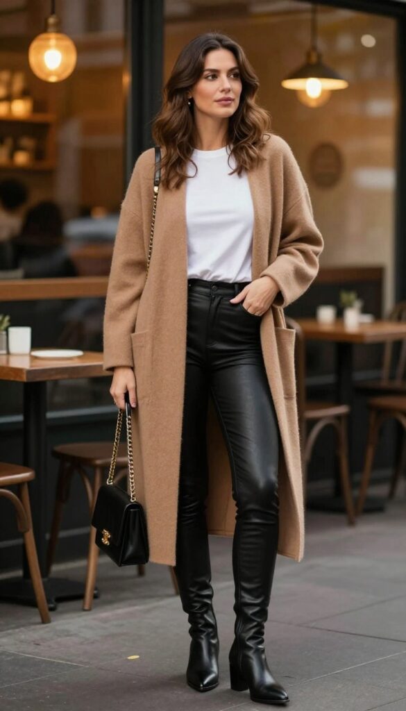 13. Cashmere Wrap Cardigan with Faux Leather Leggings