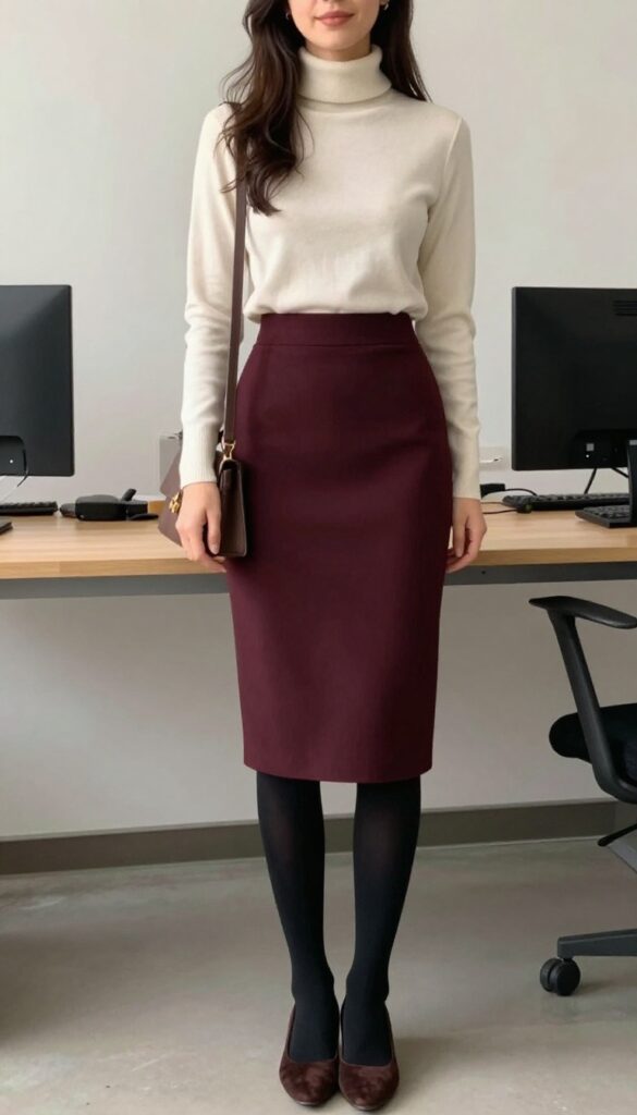 6. Burgundy Midi Skirt + Cream Turtleneck + Tights