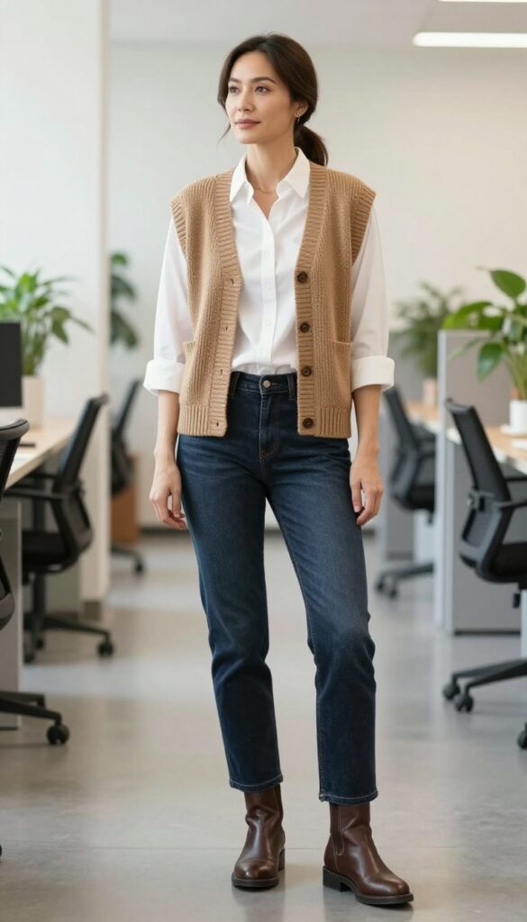 3. Knit Vest + Button-Down Shirt + Straight-Leg Jeans + Ankle Boots