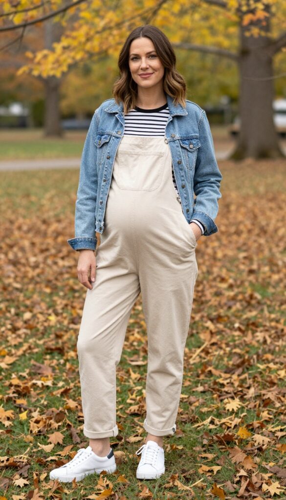 8. Maternity Overalls with a Striped Long-Sleeve Tee