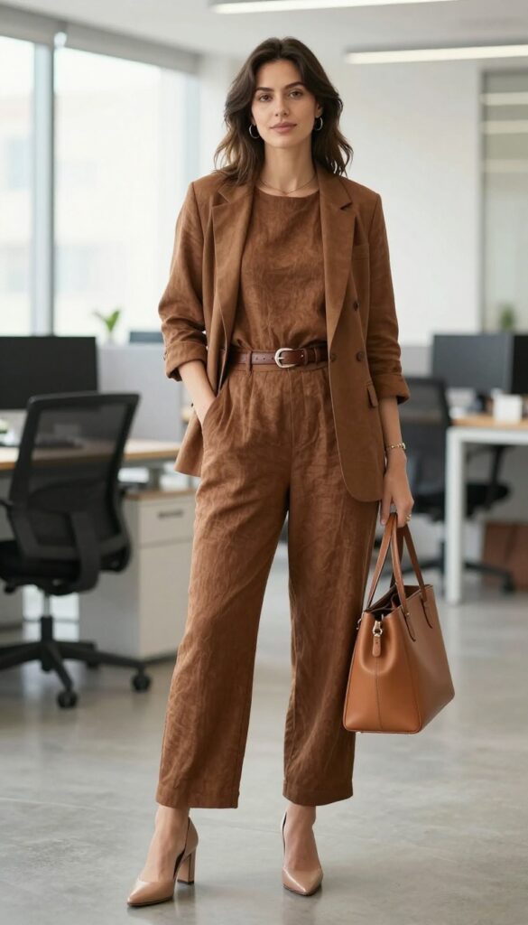 7. Brown Jumpsuit with a Belt and Blazer