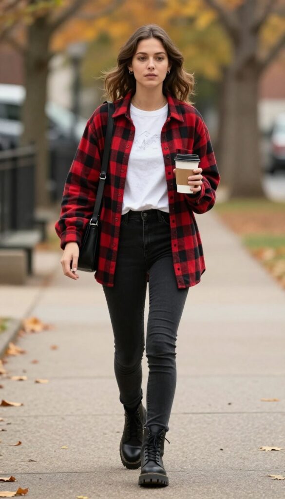2. Plaid Flannel Shirt Layered Over a Graphic Tee with Black Denim and Combat Boots