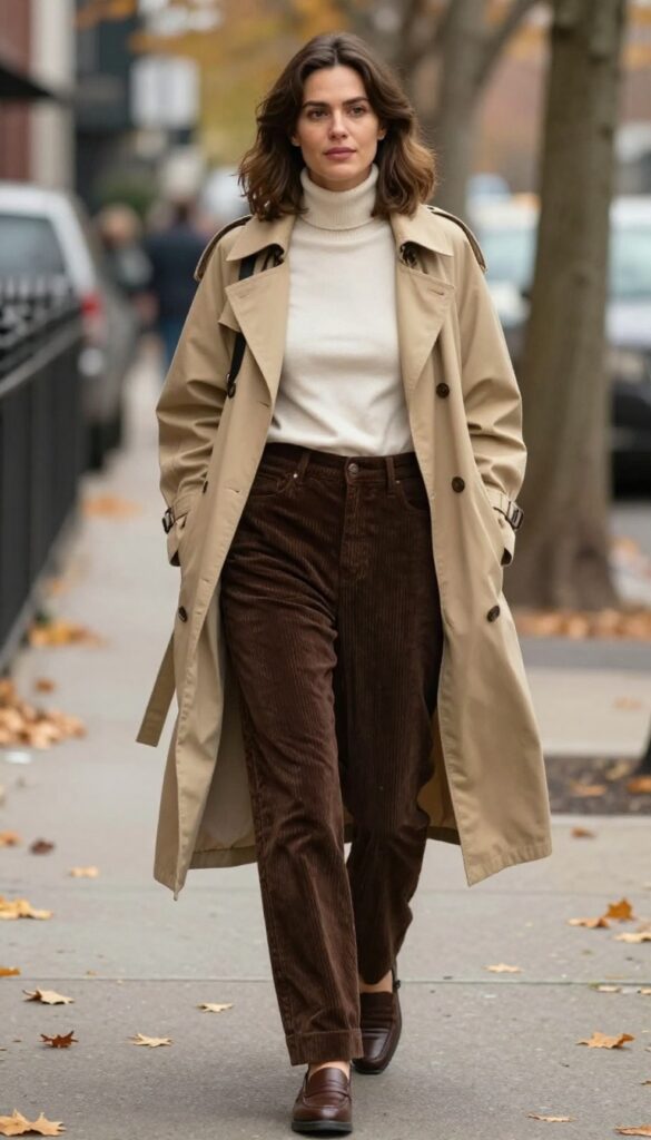 3. Corduroy Pants + Turtleneck + Trench Coat