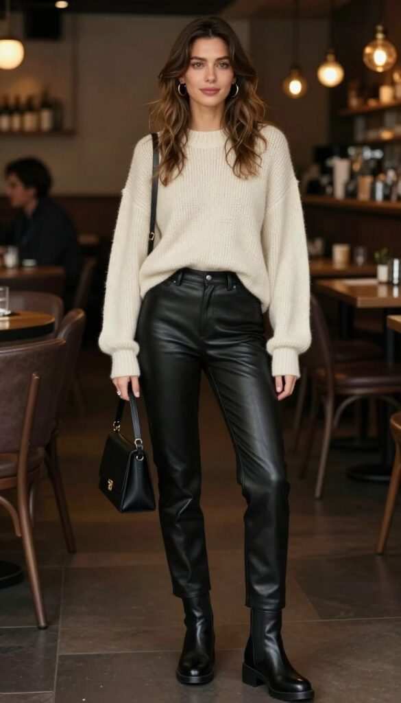 1. Chunky Knit Sweater + Leather Trousers + Ankle Boots