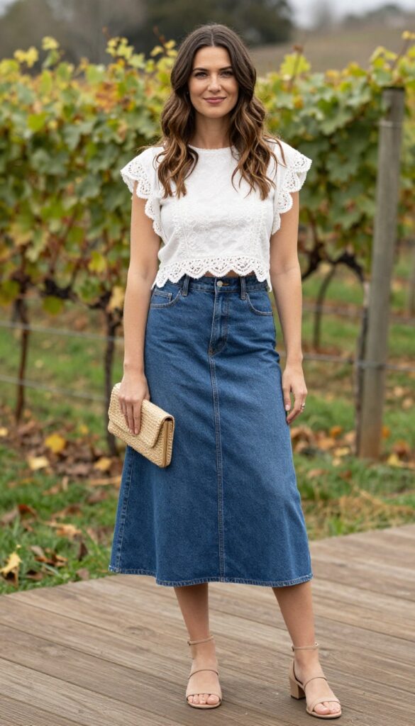 Woman in denim A-line skirt and cropped lace top at vineyard